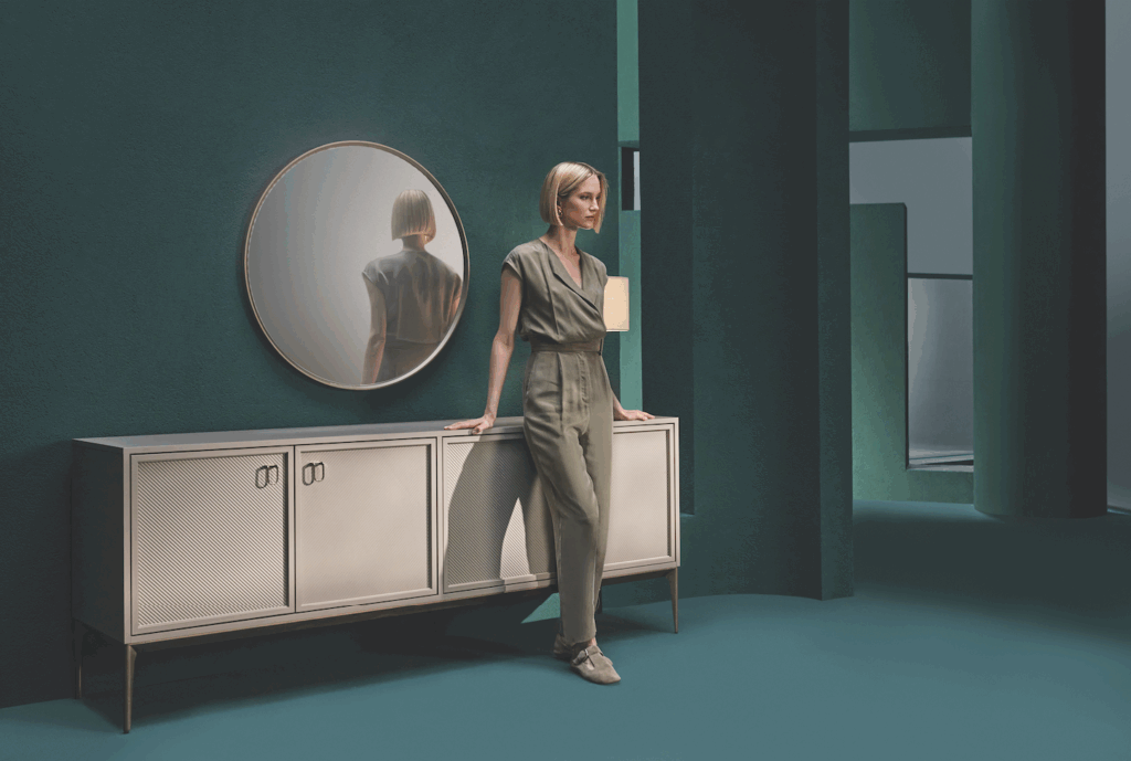 Hera collection console by Enza Home young model stading in front of the hera console in interior design space