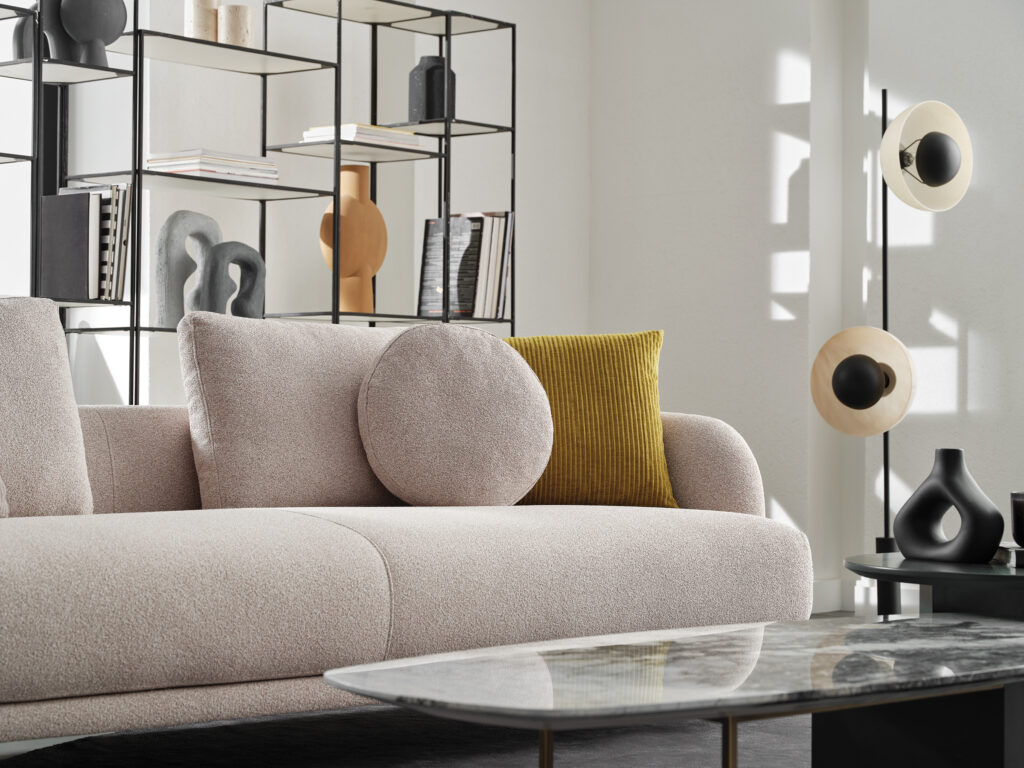 Enza Home Seoul 3-Seater Sofa in Beige Fabric—feather-filled cushions in a modern living room