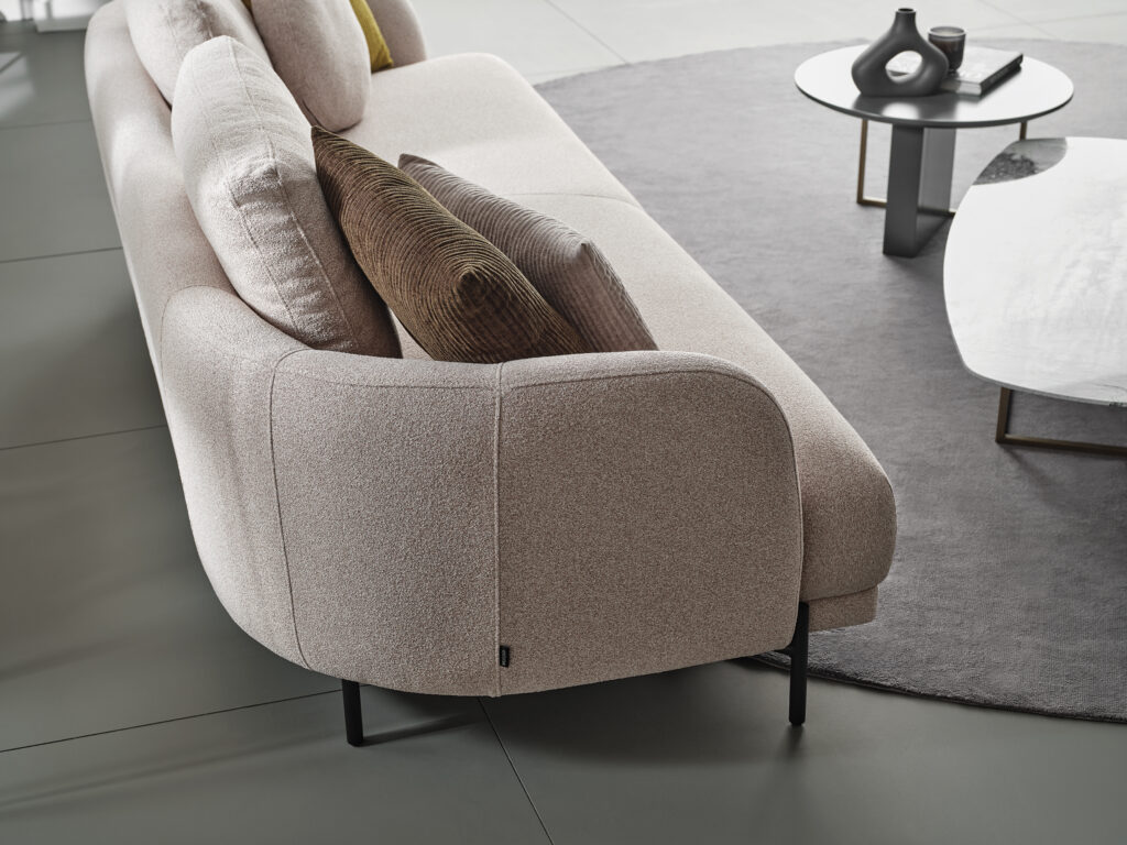 Enza Home Seoul 3-Seater Sofa in Beige Fabric—feather-filled cushions in a modern living room