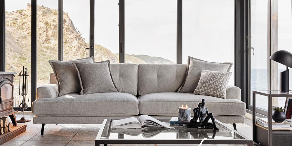 Milan Sofa modern rustic style earthy tones, cozy features by Enza Home BC